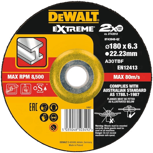 Disco de desbaste Dewalt (DT43948-QZ) EXTREME® 180 mm x 6,3 mm x 22,23 mm