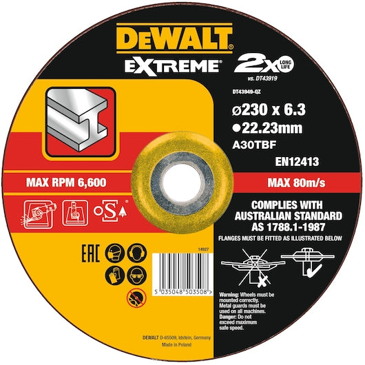 Disco de desbaste Dewalt (DT43949-QZ) EXTREME®, 230 mm x 6,3 mm x 22,23 mm