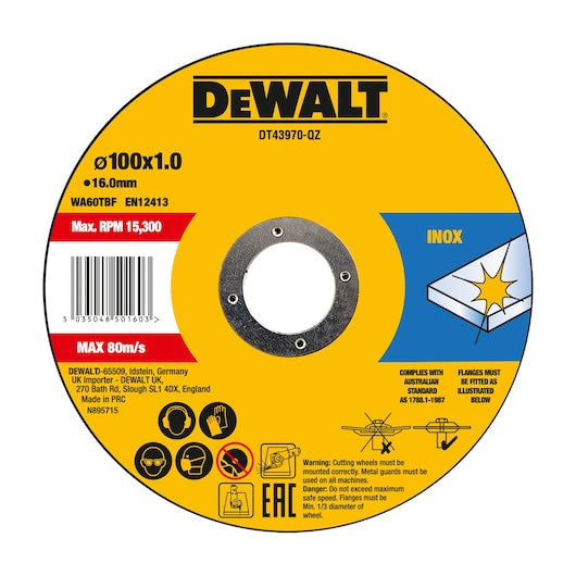 Disco de corte rápido fino de alto desempenho Dewalt (DT43970-QZ) 100 mm x 1 mm x 16 mm (10 unidades)