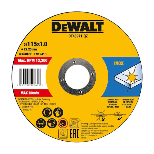 Disco de corte fino e rápido de alto desempenho Dewalt (DT43971-QZ) 115 mm x 1,0 mm x 22,23 mm (10 unidades)