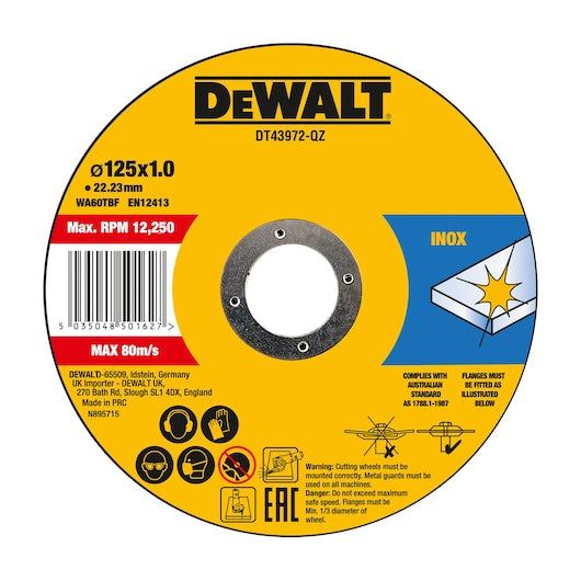 Disco de corte abrasivo Dewalt (DT43972-QZ) 125 mm x 1 mm x 22,23 mm (10 unidades)