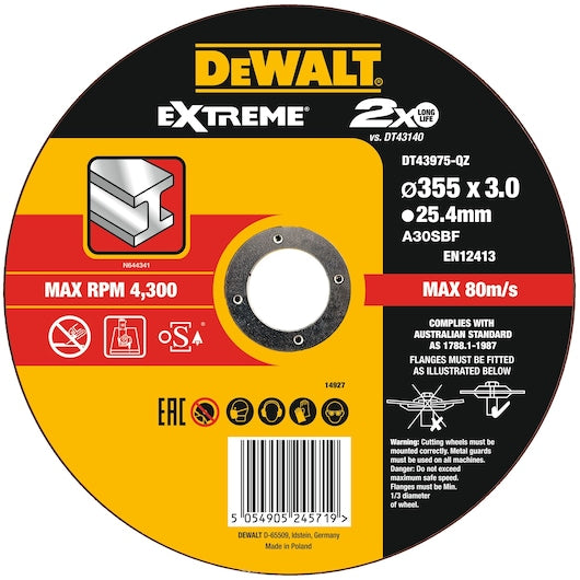 Disco de corte Dewalt (DT43975-QZ) EXTREME® 355 mm x 3,0 mm x 25,4 mm com revestimento adesivo.