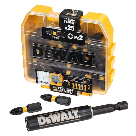 Dewalt (DT70564T-QZ) EXTREME® FLEXTORQ® PZ2 Jogo de Bits de Chave de Fenda de 25mm com Guia de Acionamento em Estojo Compacto TOUGHCASE®+ (26 peças)