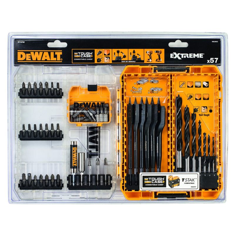 Conjunto de Berbequins Dewalt (DT70758-QZ) com Pontas Brad e Brocas Planas EXTREME para Madeira (57 peças)