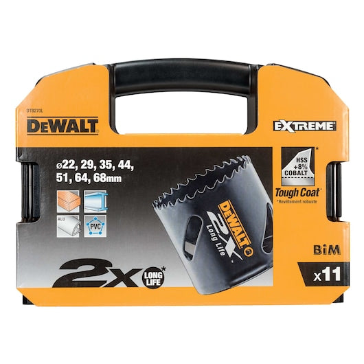Kit Dewalt (DT8270-QZ) EXTREME DEWALT com 11 peças (22, 29, 35, 44, 51, 64, 68, 1 mandril pequeno de troca rápida, 1 mandril grande de troca rápida, 2 brocas piloto EXTREME)