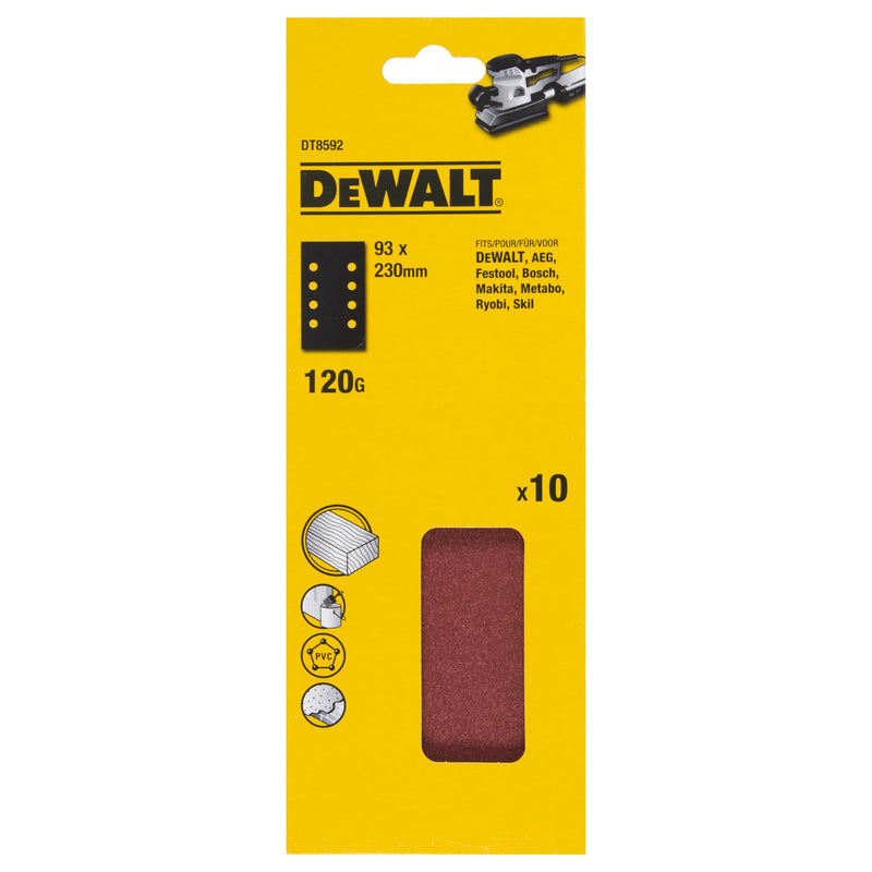 Dewalt (DT8592-QZ) Hoja de lija multiusos de 1/3 de pulgada, 93 mm x 230 mm, 120 unidades, 8 agujeros (paquete de 10)