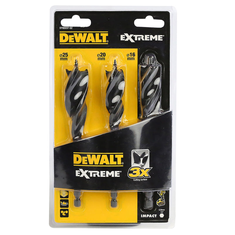 Juego de brocas para madera Dewalt (DT90237-QZ) EXTREME de tres flautas con autoalimentación (3 piezas).