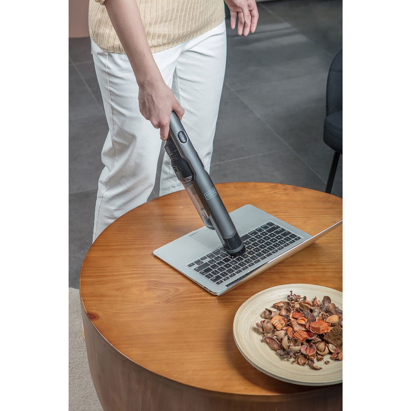 Aspirador portátil Black&amp;Decker (DVC320B21-QW) com motor sem escovas de lítio de 12V 2Ah e carregador de base.