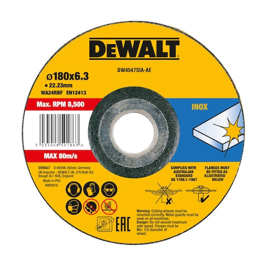 Disco de desbaste abrasivo de alto desempenho Dewalt (DW4547SIA-AE) 180 mm x 6 mm x 22,23 mm em aço inoxidável.