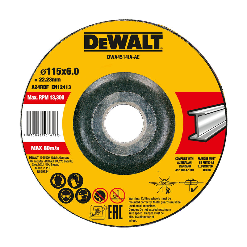 Disco de desbaste de metal abrasivo aglomerado Dewalt (DWA4514IA-AE) 115 mm x 6 mm x 22,23 mm