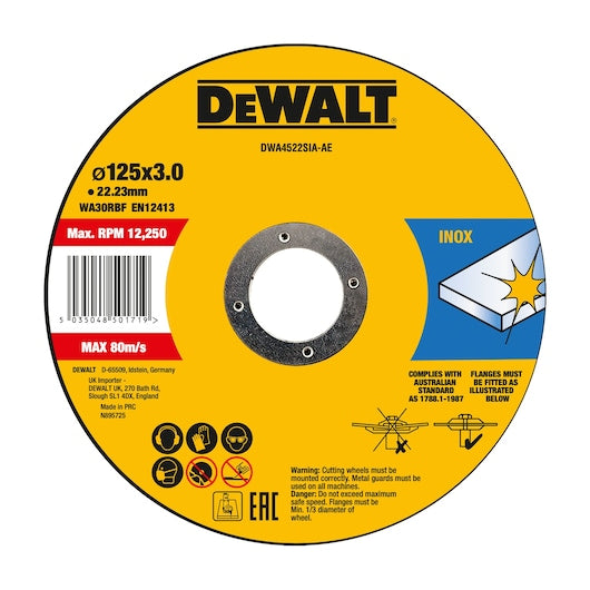 Disco de corte Dewalt (DWA4522SIA-AE) T27 em aço inoxidável, 125 mm x 3 mm x 22 mm (25 unidades)