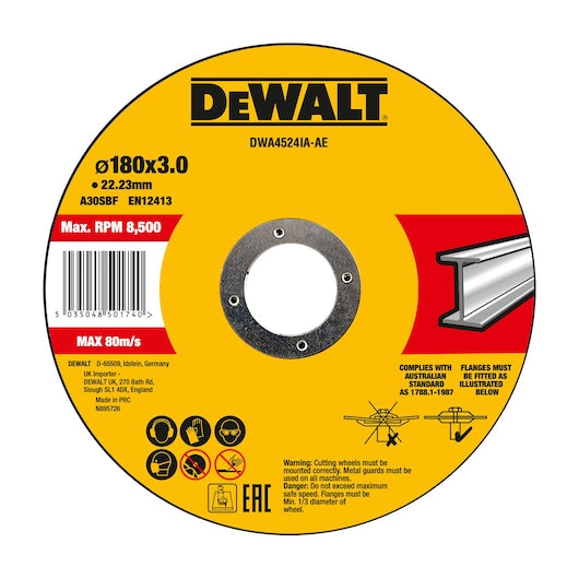Disco de corte para metal Dewalt (DWA4524IA-AE) 180 mm x 3 mm x 22,2 mm T27 (10 unidades)