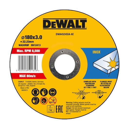 Disco de corte Dewalt (DWA4524SIA-AE) Tipo 42 HP em aço inoxidável, 180 mm x 3 mm x 22,23 mm