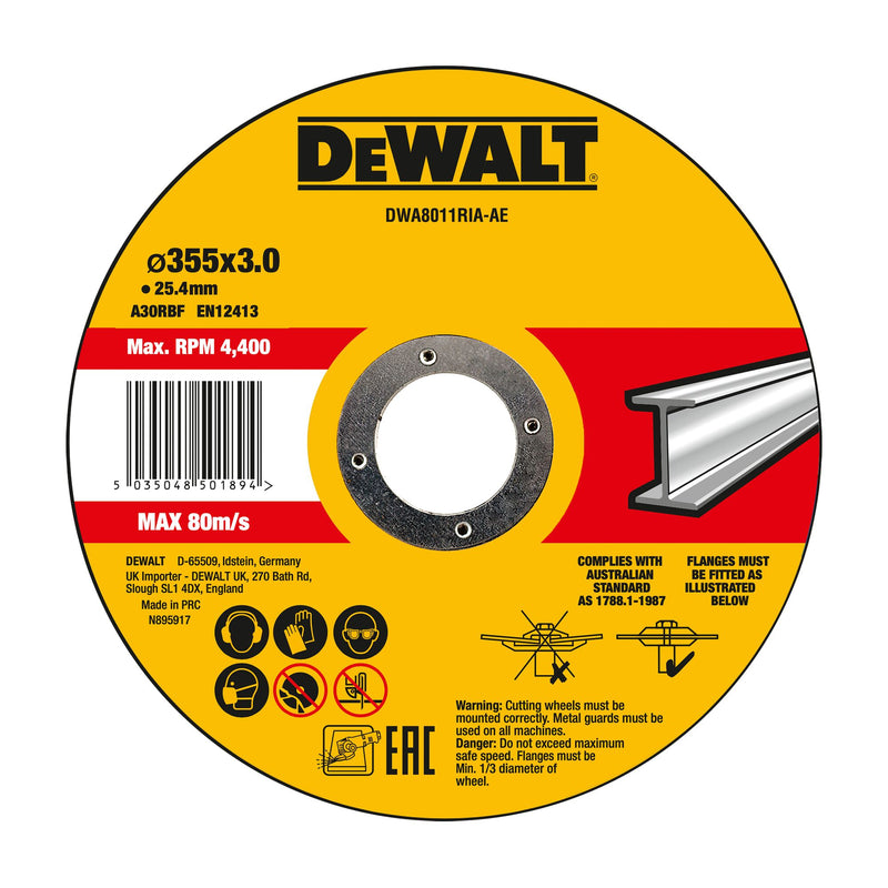 Disco de corte de metal abrasivo aglomerado Dewalt (DWA8011RIA-AE) de 355 mm x 3 mm x 25,4 mm