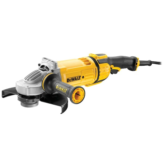 Esmerilhadeira angular Dewalt (DWE4579R-QS) de 2600 W e 230 mm com partida suave, embreagem eletrônica e proteção contra curto-circuito.