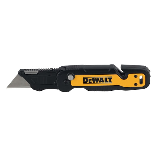 Estilete dobrável Dewalt (DWHT10992-0) com sistema de abertura por pressão e compartimento para lâminas.
