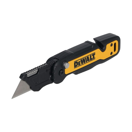 Estilete dobrável Dewalt (DWHT10992-0) com sistema de abertura por pressão e compartimento para lâminas.