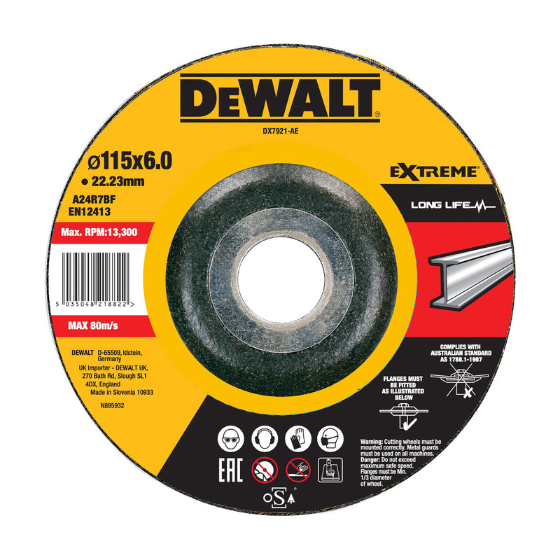 Disco de desbaste de metal abrasivo aglomerado Dewalt (DX7921-AE) 115 mm x 6 mm x 22,23 mm