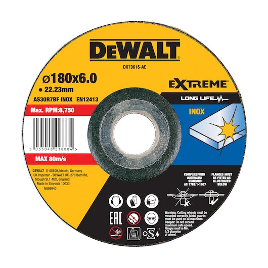 Disco de desbaste Dewalt (DX7961S-AE) em aço inoxidável HP 180 x 6 x 22,23 Tipo 27