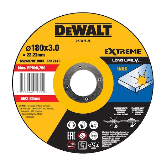 Disco de corte em aço inoxidável Dewalt (DX7967S-AE) HP 180 x 3 x 16 mm Tipo 42