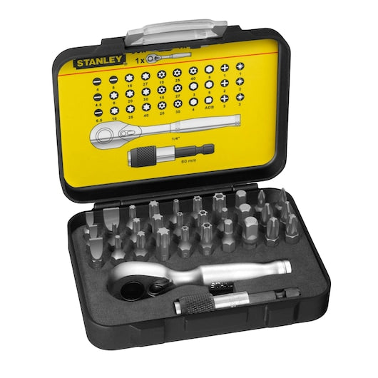 Conjunto de 32 peças de bits de 1/4 pol. (25 mm) Stanley (1-13-904) com suporte magnético e anel de travamento.