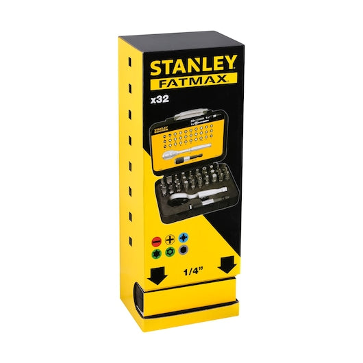 Conjunto de 32 peças de bits de 1/4 pol. (25 mm) Stanley (1-13-904) com suporte magnético e anel de travamento.