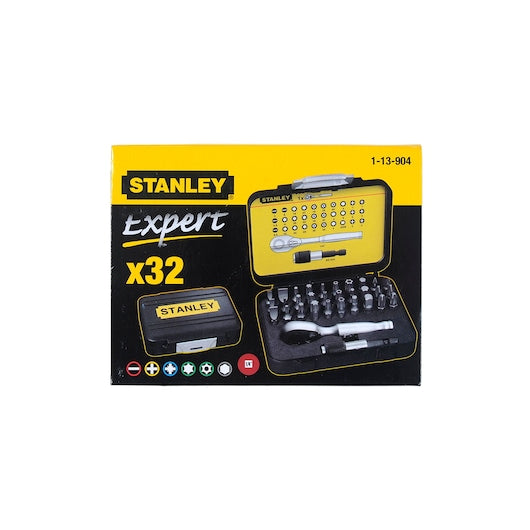 Conjunto de 32 peças de bits de 1/4 pol. (25 mm) Stanley (1-13-904) com suporte magnético e anel de travamento.