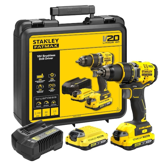 Kit de Furadeira/Parafusadeira Stanley (SFMCD720D2K-QW) Premium 18V V20 com Motor Brushless e Bateria de 2.0Ah