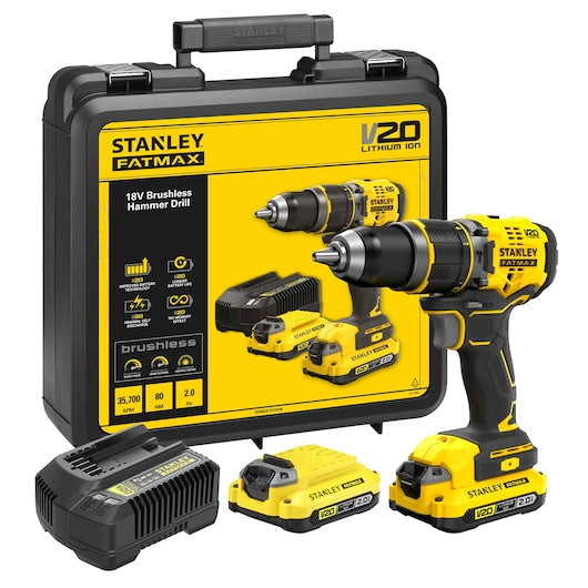 Furadeira/Parafusadeira de Impacto Stanley (SFMCD721D2K-QW) Premium 18V V20 sem Escovas - Kit de 2,0Ah