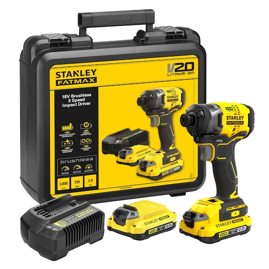 Parafusadeira de impacto Stanley (SFMCF820D2K-QW) 18V V20 sem escova, 3 velocidades - Kit de 2,0Ah