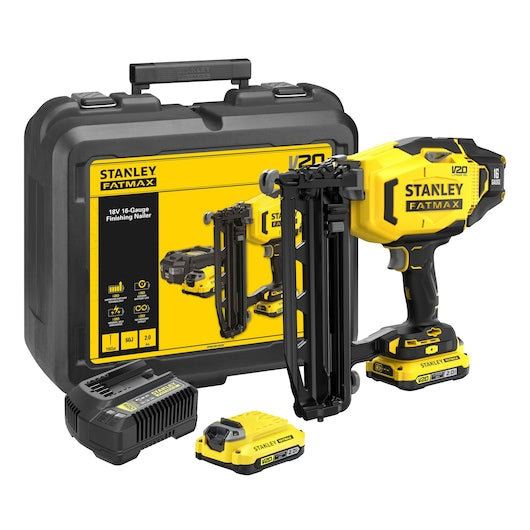 Pregador pneumático de acabamento Stanley (SFMCN616D2K-QW) 18V V20 calibre 16 - Kit com 2 baterias de 2,0 Ah