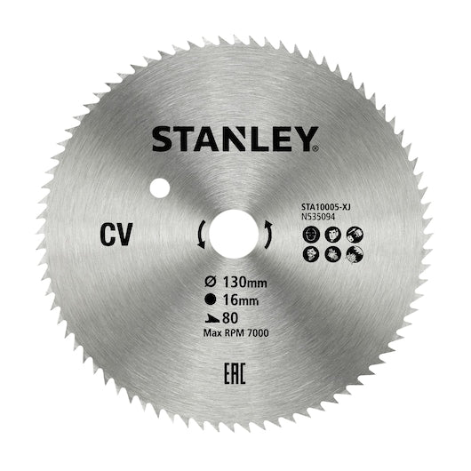Hoja de sierra circular de corte transversal fino Stanley (STA10005-XJ) de 130 x 16 mm y 80 dientes