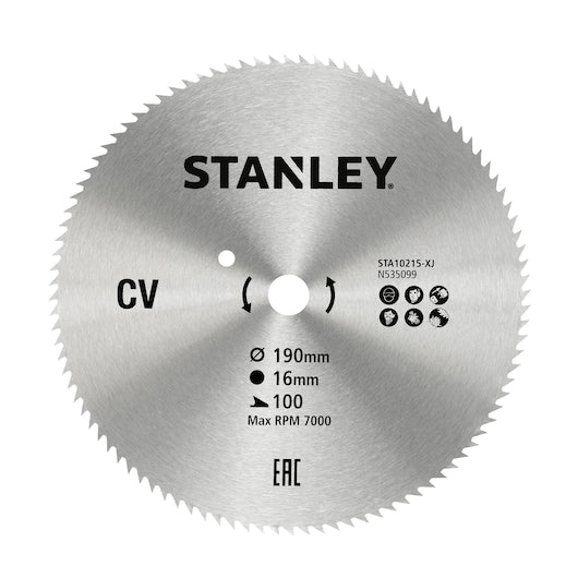 Hoja de sierra circular de corte transversal fino Stanley (STA10215-XJ) de 190 x 16 mm y 100 dientes