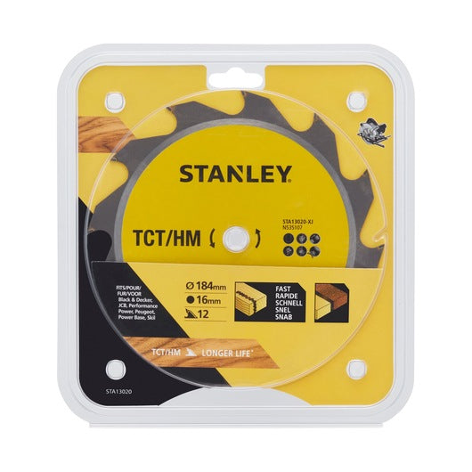 Hoja de sierra circular Stanley (STA13020-XJ) de corte rápido TCT de 184 x 16 mm y 12 dientes