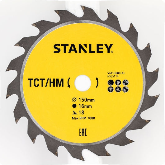 Hoja de sierra circular Stanley (STA13080-XJ) de 150 x 16 mm, 18 dientes, corte rápido TCT