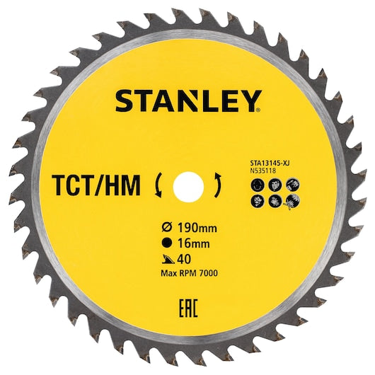 Hoja de sierra circular Stanley (STA13145-XJ) de corte transversal fino TCT de 190 x 16 mm y 40 dientes