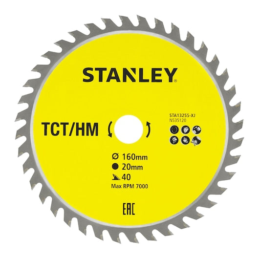 Hoja de sierra circular de corte transversal fino Stanley (STA13255-XJ) TCT 160 x 20 mm x 40 dientes