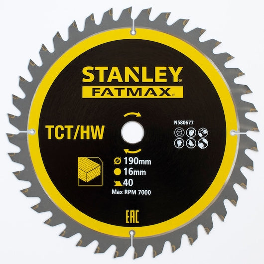 Lâmina de serra de esquadria Stanley (STA13365-XJ) FATMAX® 190 x 16 mm 40T TCT para corte de madeira