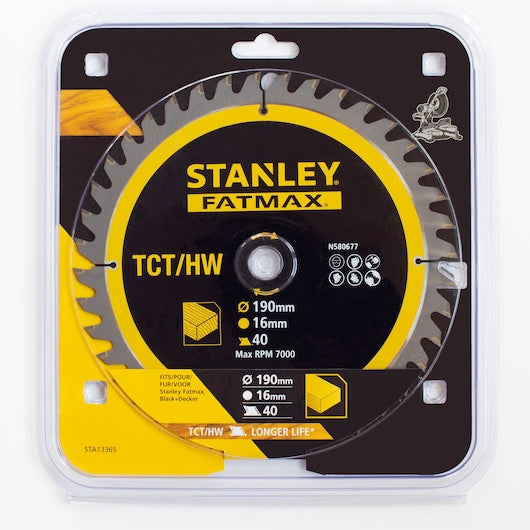 Lâmina de serra de esquadria Stanley (STA13365-XJ) FATMAX® 190 x 16 mm 40T TCT para corte de madeira