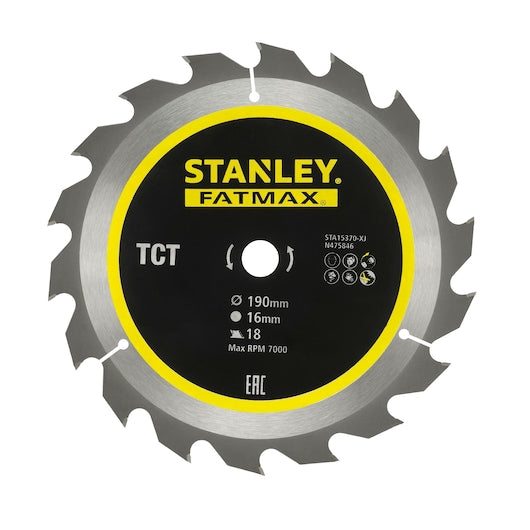 Hoja de sierra circular Stanley (STA15370-XJ) FATMAX® de 190 x 16 mm, 18 dientes, TCT, corte rápido