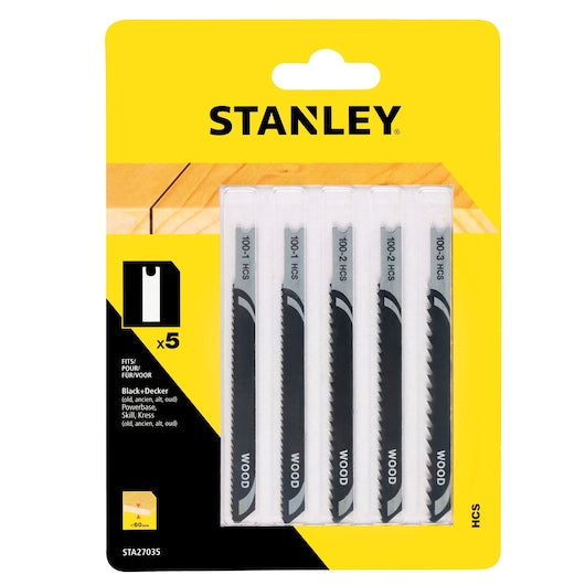Conjunto de 5 lâminas de serra tico-tico Stanley (STA27035-XJ) para corte misto de madeira, encaixe em U.