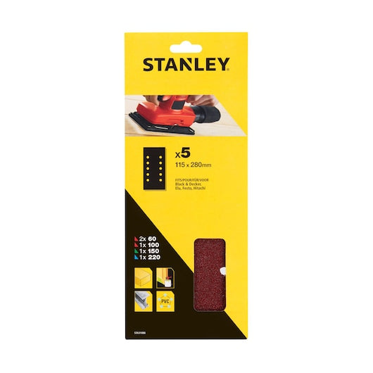 Papel de lija Stanley (STA31086-XJ) de 115 x 280 mm, 60, 100, 150 y 220 g, 1/2 hoja, ajuste B+D (paquete de 5)