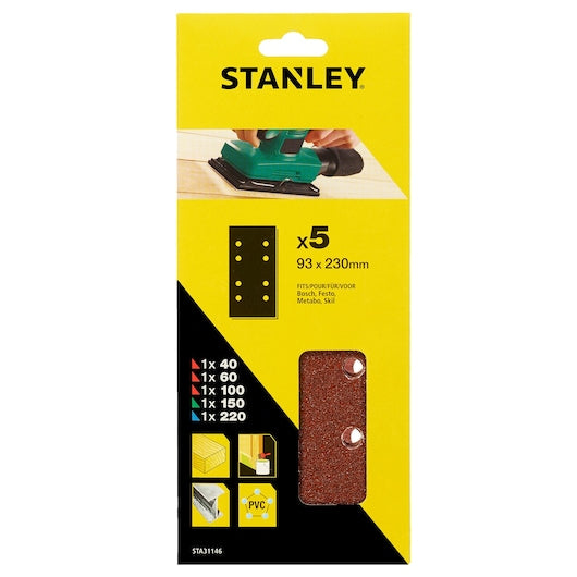 Stanley (STA31146-XJ) Papel de lija de 93 x 230 mm, 40, 60, 100, 150 y 220 g, 1/3 de hoja, compatible con Bosch (paquete de 5)