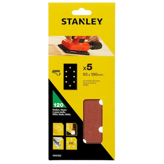 Lixa Stanley (STA31522-XJ) 93 x 190 mm, 120 g, perfurada, 1/3 de folha, encaixe rápido, para lixas B+D (pacote com 5)