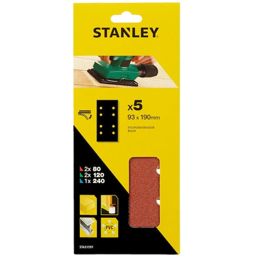 Lixa Stanley (STA31597-XJ) 93 x 190 mm, grãos 80, 120 e 240, 1/3 de folha, encaixe rápido, compatível com Bosch (pacote com 5)