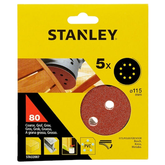 Discos para lijadora orbital aleatoria Stanley (STA32007-XJ) de 115 mm y 80 g (paquete de 5)