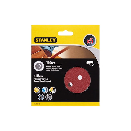 Discos para lixadeira orbital aleatória Stanley (STA32012-XJ) de 115 mm e 120 g (pacote com 5)