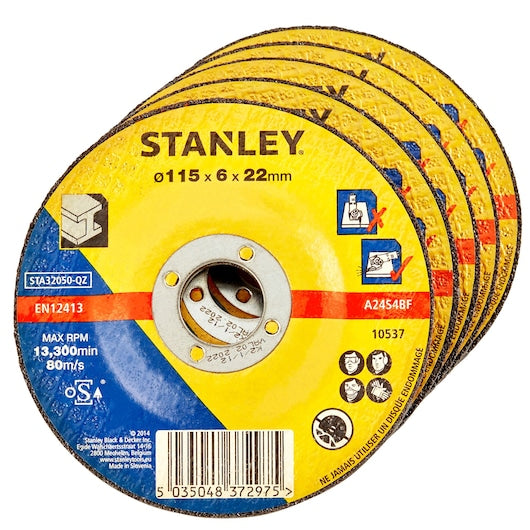Stanley (STA32056-QZ) Discos abrasivos de metal con centro hundido (paquete de 5) 115 x 22,23 x 6 mm
