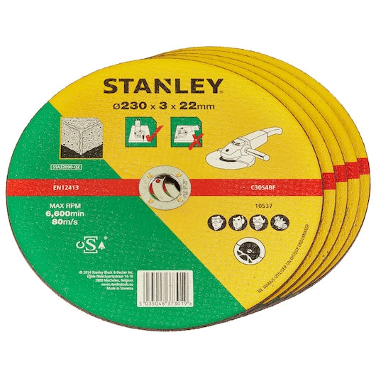 Disco aglomerado plano para corte de hormigón y piedra Stanley (STA32090-QZ) de 230 x 22,23 x 3,2 mm