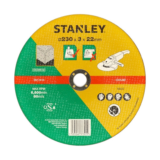 Disco aglomerado plano para corte de hormigón y piedra Stanley (STA32090-QZ) de 230 x 22,23 x 3,2 mm